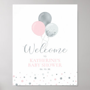 Zilver- en roze ballonnen   Welkom Girl Baby showe Poster