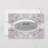 Zilver en roze Damask Pearl Quinceanera RSVP Kaart (Voorkant)