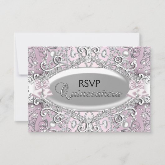 Zilver en roze Damask Pearl Quinceanera RSVP Kaart (Voorkant)