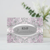 Zilver en roze Damask Pearl Quinceanera RSVP Kaart (Staand voorkant)
