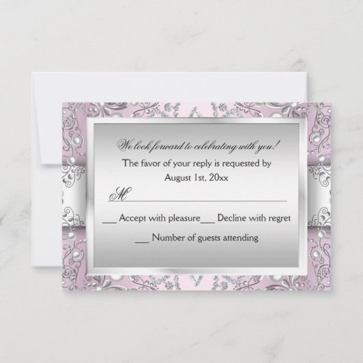Zilver en roze Damask Pearl Quinceanera RSVP Kaart (Achterkant)
