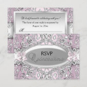 Zilver en roze Damask Pearl Quinceanera RSVP Kaart (Voorkant / Achterkant)