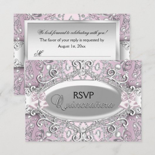 Zilver en roze Damask Pearl Quinceanera RSVP Kaart (Voorkant / Achterkant)
