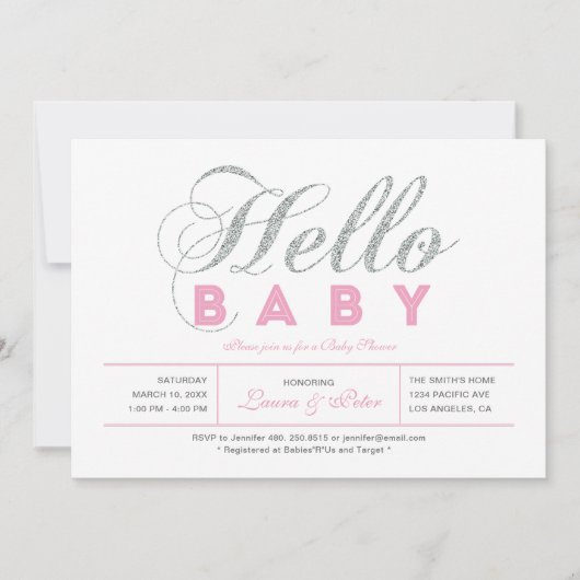 Zilver en roze | Meisje, Chic Typography Baby show Kaart (Voorkant)