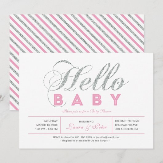 Zilver en roze | Meisje, Chic Typography Baby show Kaart (Voorkant / Achterkant)