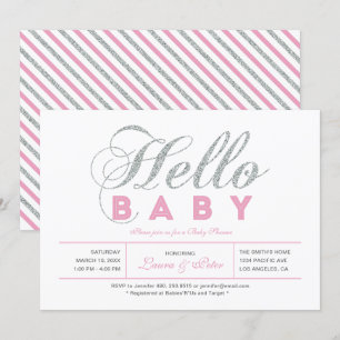 Zilver en roze   Meisje, Chic Typography Baby show Kaart
