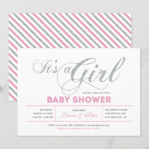 Zilver en roze   Meisje, Chic Typography Baby show Kaart