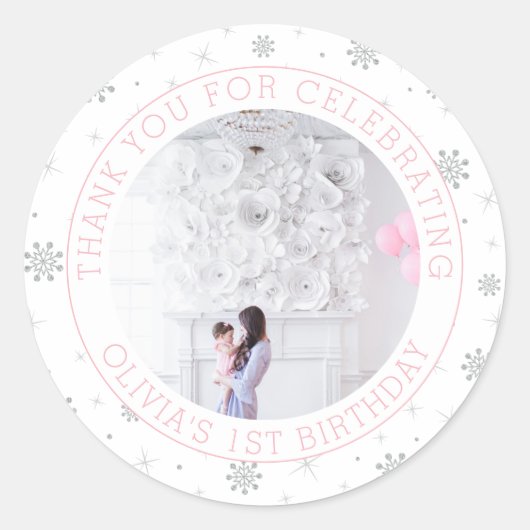 Zilver en roze Snowflake | Foto 1e verjaardag Ronde Sticker (Voorkant)