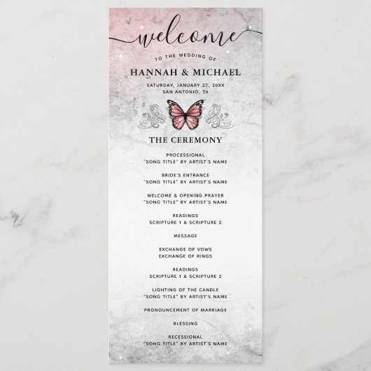 Zilver- en roze vlinderbruiloft programmakaart (Voorkant)
