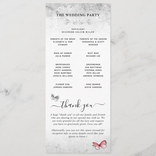 Zilver- en roze vlinderbruiloft programmakaart (Achterkant)