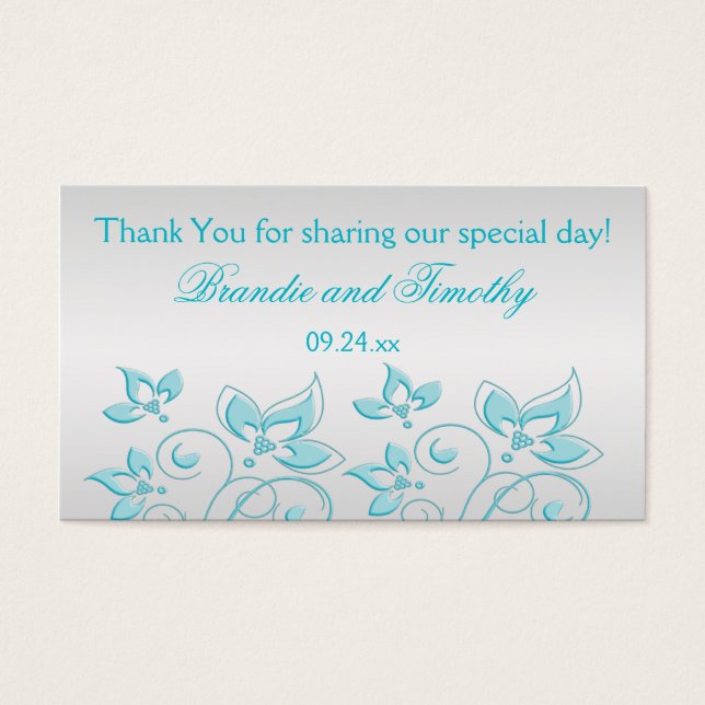 Zilver en Turquoise Bloemen Bruiloft Favor Label Visitekaartjes (Voorkant)