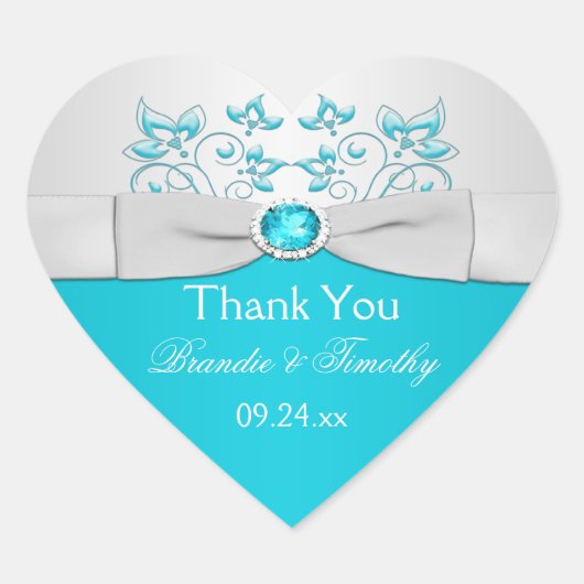 Zilver en Turquoise Bloemen Bruiloft Favor Sticker (Voorkant)