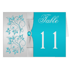 Zilver en Turquoise Bloemen Tafel Nummer Kaart