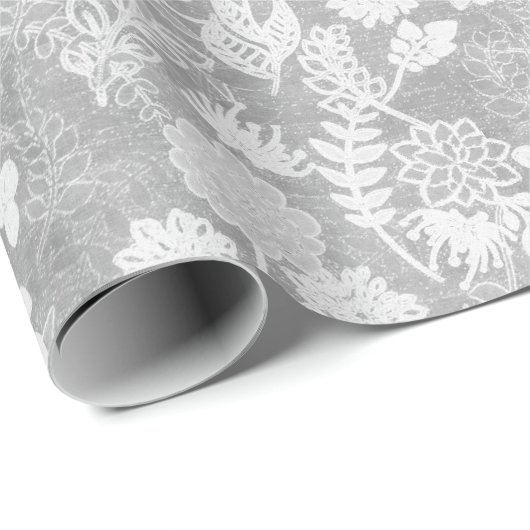 Zilver en wit bloemmotief cadeaupapier (Rol Hoek)
