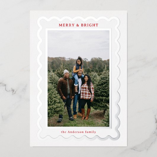 Zilver en Wit Eenvoudige Scallop Foto Lijst Folie Feestdagenkaart (Voorkant)