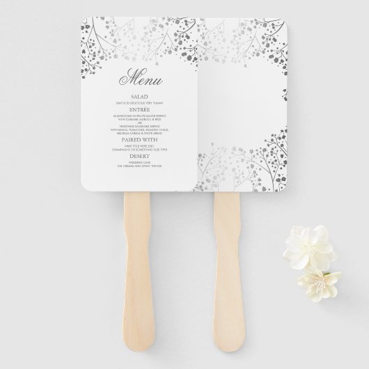 Zilver en Wit Huwelijksmenu's Handwaaier (Voorkant en achterkant)