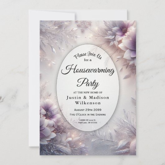 Zilver en zachte Amethist Winter Housewarming Fees Kaart (Voorkant)