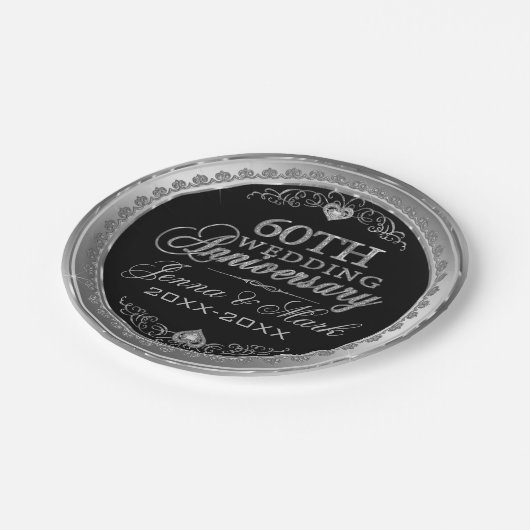Zilver en zwart 60th Wedding Jubileum Papieren Bordje (Gekanteld)