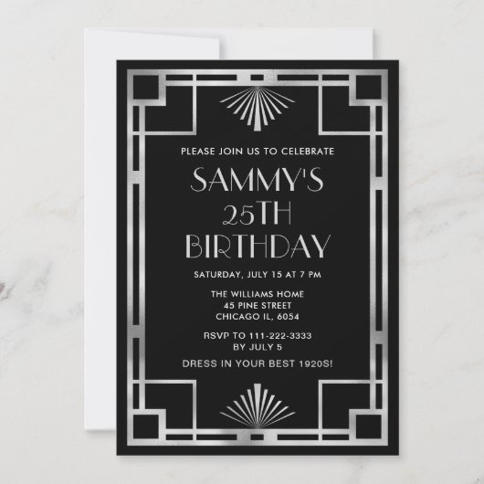 Zilver en zwart Art Deco Verjaardagsfeest Kaart (Voorkant)