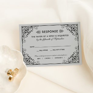  zilver en zwart deco-huwelijk RSVP kaartje
