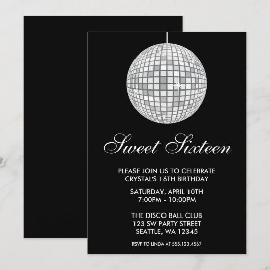 Zilver en Zwart Disco Ball Sweet Zestien Verjaarda Kaart (Voorkant / Achterkant)