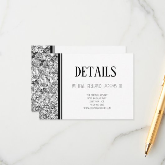 Zilver en Zwart Eenvoudige Tekst Bruiloft Informatiekaartje (Voorkant / Achterkant in situ)