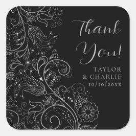Zilver en Zwart Elegant Bloemen Bruiloft Dank u Vierkante Sticker