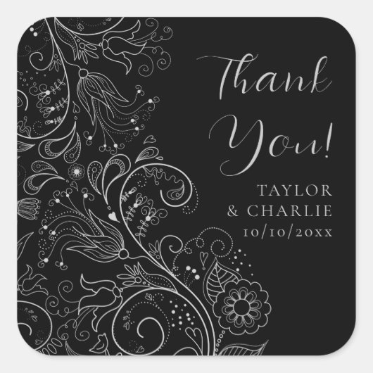 Zilver en Zwart Elegant Bloemen Bruiloft Dank u Vierkante Sticker (Voorkant)
