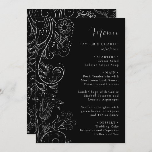 Zilver en Zwart Elegant Bloemen Bruiloft Menu (Voorkant / Achterkant)