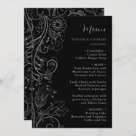 Zilver en Zwart Elegant Bloemen Bruiloft Menu