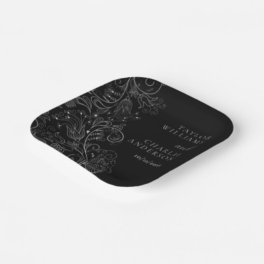 Zilver en Zwart Elegant Bloemen Bruiloft Papieren Bordje (Gebogen)