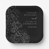 Zilver en Zwart Elegant Bloemen Bruiloft Papieren Bordje (Voorkant)