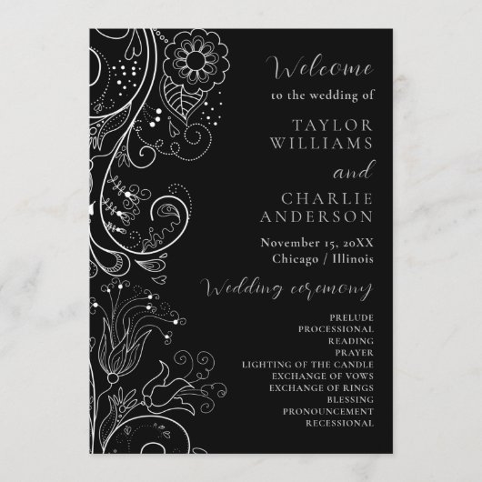 Zilver en Zwart Elegant Bloemen Bruiloft Programma Programmakaart (Voorkant)