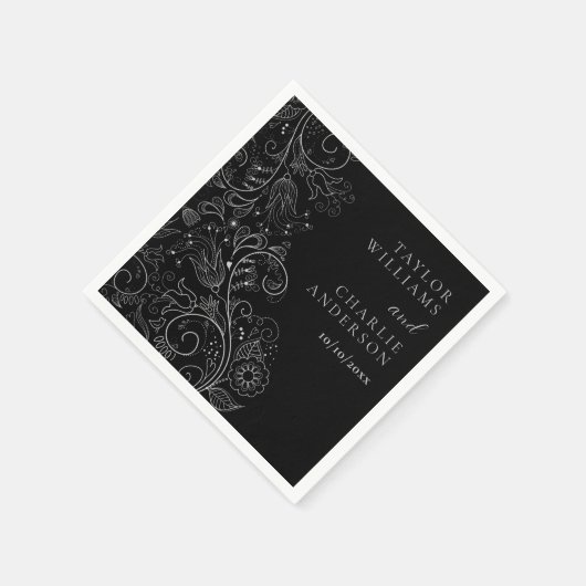 Zilver en Zwart Elegant Bloemen Bruiloft Servet (Hoek)