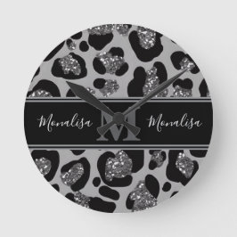zilver en zwart glinsterend monogram gepersonalise ronde klok