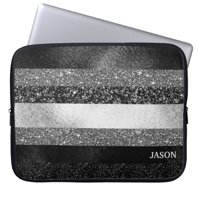 Zilver en zwart Glitter Laptop Sleeve (Voorkant)