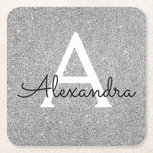 Zilver en zwart Glitter & Sparkle Monogram Kartonnen Onderzetters