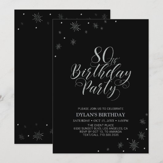 Zilver en zwart | Moderne Chic 80e verjaardag Kaart (Voorkant / Achterkant)