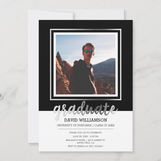 Zilver- en zwart script | Foto Lijst Afstuderen Kaart (Voorkant)