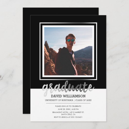 Zilver- en zwart script | Foto Lijst Afstuderen Kaart (Voorkant / Achterkant)