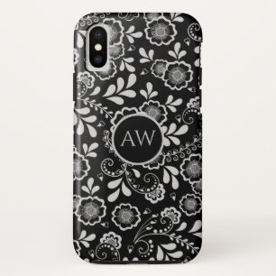 Zilver en Zwart Victoriaans Bloemenkant Monogram Case-Mate iPhone Case