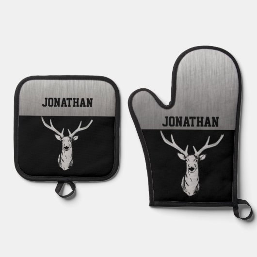 Zilver- en zwart-witmonogram ovenwant & pannenlap set (Voorkant)