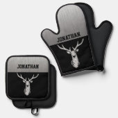 Zilver- en zwart-witmonogram ovenwant & pannenlap set (Voorkant / Achterkant)