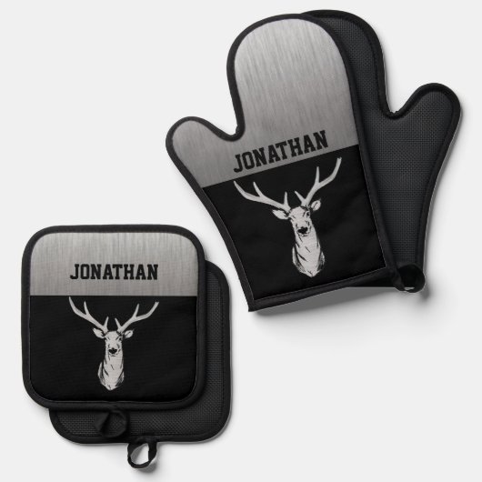 Zilver- en zwart-witmonogram ovenwant & pannenlap set (Voorkant / Achterkant)