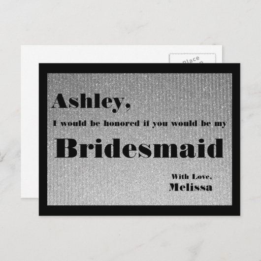 Zilver en zwart - word jij mijn bruidsmeisje? uitnodiging briefkaart (Voorkant / Achterkant)