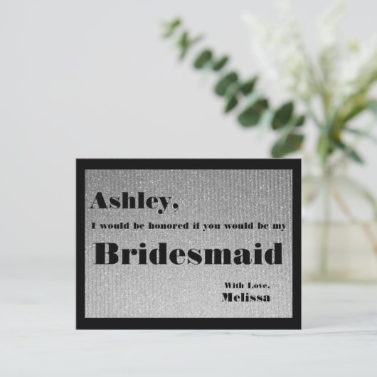 Zilver en zwart - word jij mijn bruidsmeisje? uitnodiging briefkaart (Staand voorkant)