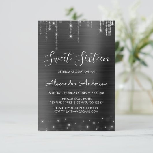 Zilver en Zwart Zoet Zestien Verjaardag Kaart (Staand voorkant)