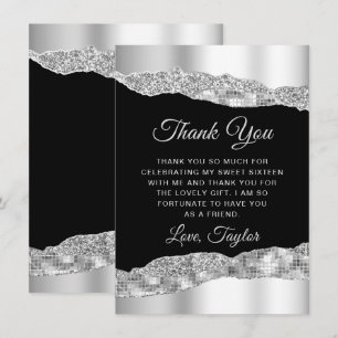 Zilver- en zwarte glazen scheuren zoete zestien bedankkaart