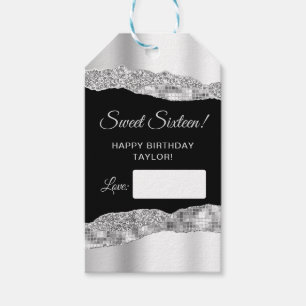 Zilver- en zwarte glazen scheuren zoete zestien cadeaulabel