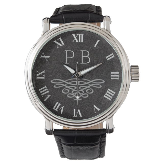 Zilver en Zwarte Monogram Mannen Horloge (Voorkant)